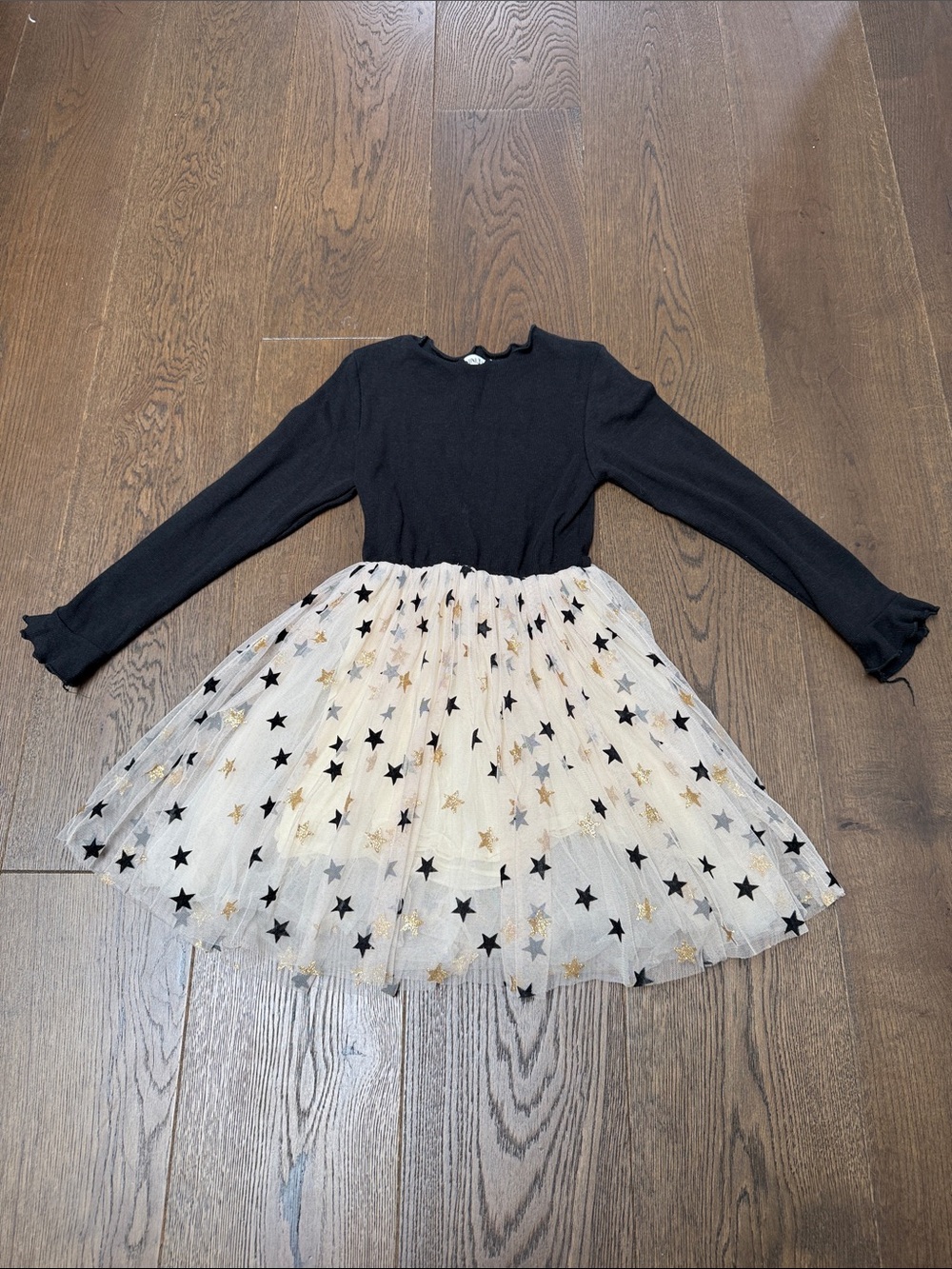 Black Knit Bodice with Star-Print Cream Tulle Skirt — Girls Casual Dress